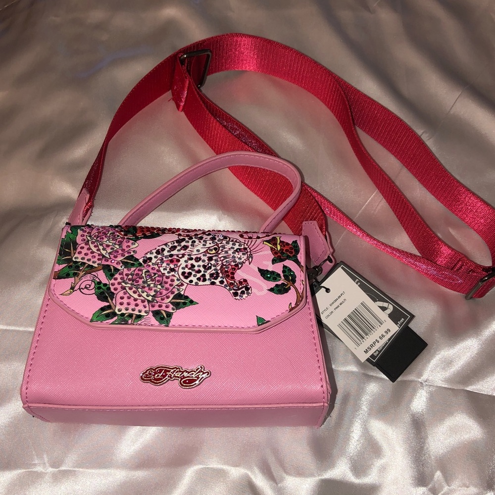 Ed Hardy Pink Multi Faux Leather Top Handle Crossbody Bag Leopard & Floral NWT - Picture 2 of 16